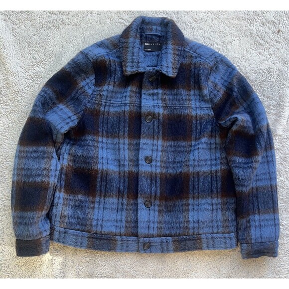 ASOS Men’s Oversized Wool Look Harrington Jacket Blue Brown Plaid Fuzzy XL - Picture 4 of 10